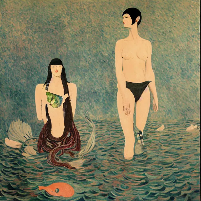 Image similar to tall emo female artist holding a large fish in her flooded kitchen, seaweed, pomegranates, octopus, water gushing from ceiling, painting of flood inside an artist's apartment, a river flooding indoors, ikebana, zen, rapids, waterfall, black swans, canoe, berries, acrylic on canvas, surrealist, by magritte and monet