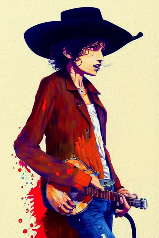Image similar to a ultradetailed painting of bob dylan woman wearing a cowboy hat and smirking by conrad roset, greg rutkowski and makoto shinkai trending on artstation