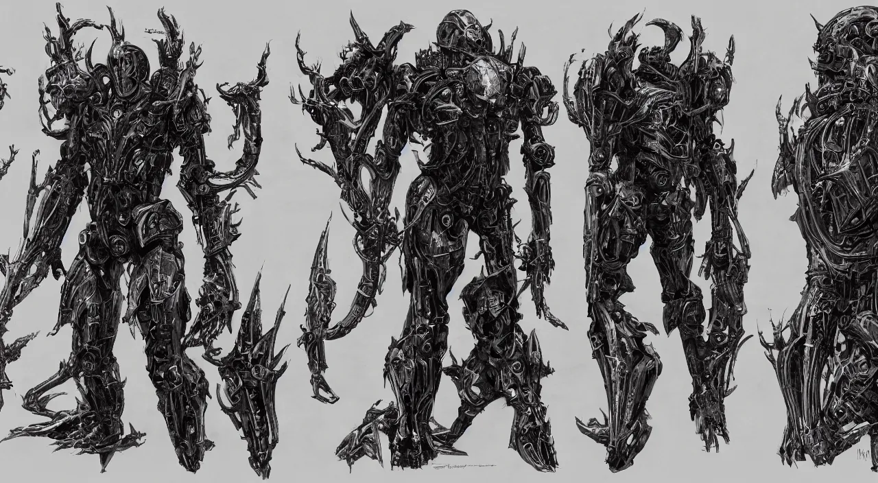 Image similar to full page scan of 1 7 0 0 concept art, occult robot armor, character design, symmetrical fullbody rendering, bliblical, inspired by elden ring, by hr giger, sadan vague, yoji shinkawa, craig mullins, emil melmoth, artstation, highly detailed, 4 k post - processing, 8 k resolution + dof