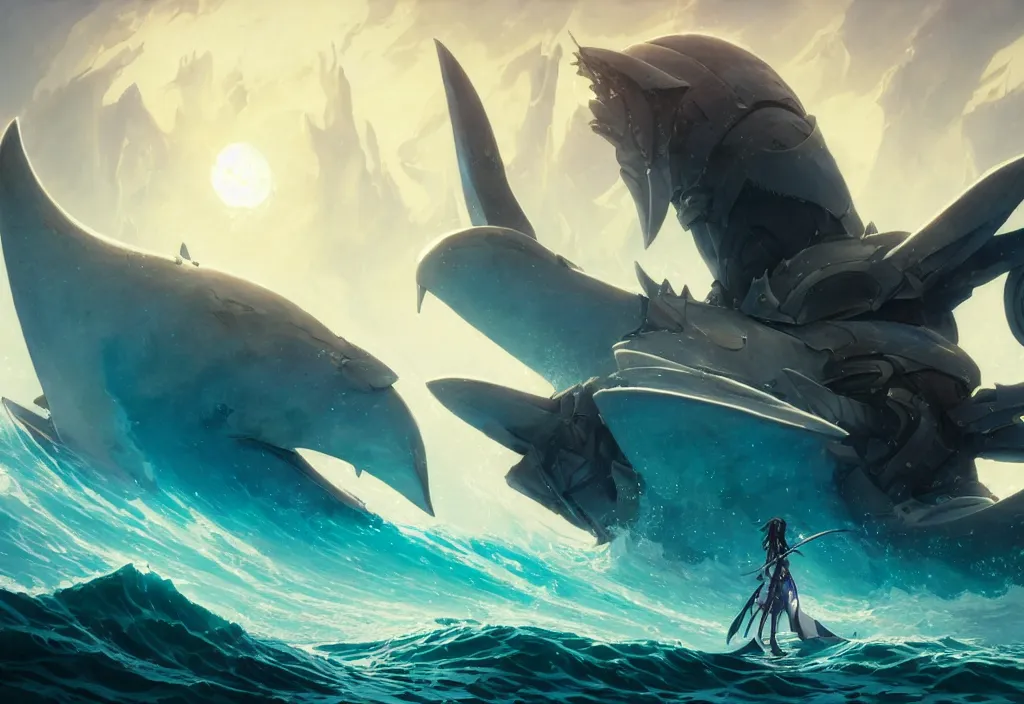 Image similar to close up of a extremely beautiful and aesthetic mech armor witch holding a symmetrical trident, perfect face, symmetrical eyes, back shark fin, horizon, model pose, slightly smiling, blue sky, big wave, big blade whale and big giants minotaurus, epic scene, bright color, fantasy illustrations, by peter mohrbacher and makoto shinkai and ferdinand knab