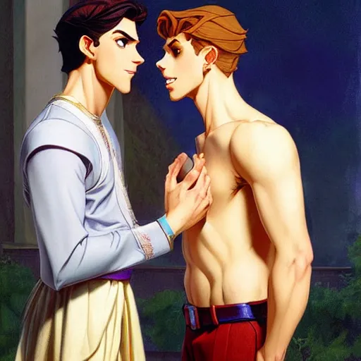 Image similar to attractive fully clothed king confesses his love for his attractive fully clothed male prince. highly detailed painting by glen keane and j. c. leyendecker 8 k