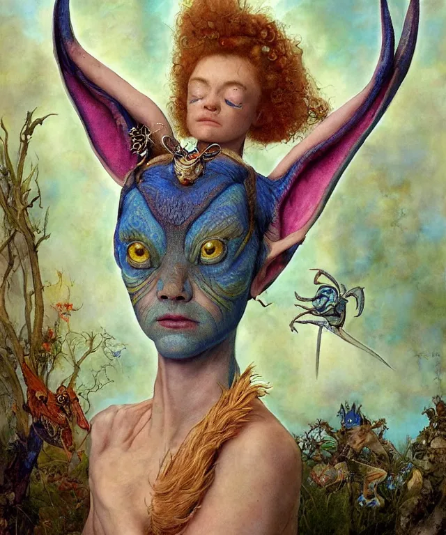 Image similar to a portrait photograph of a meditating fierce sadie sink as a colorful harpy antilope super hero with blue skin with scales. she is being transformed into a alien amphibian animal. by donato giancola, hans holbein, walton ford, gaston bussiere, peter mohrbacher and brian froud. 8 k, cgsociety, fashion editorial