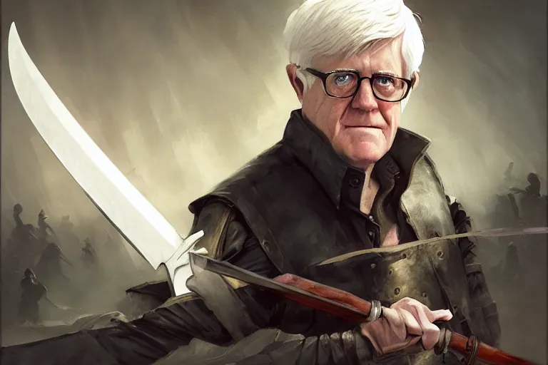 Image similar to portrait of phil donahue with a broadsword, fighting a zombie horde, charlie bowater, artgerm, ilya kuvshinov, krenz cushart, ruan jia, realism, ultra detailed, 8 k resolution