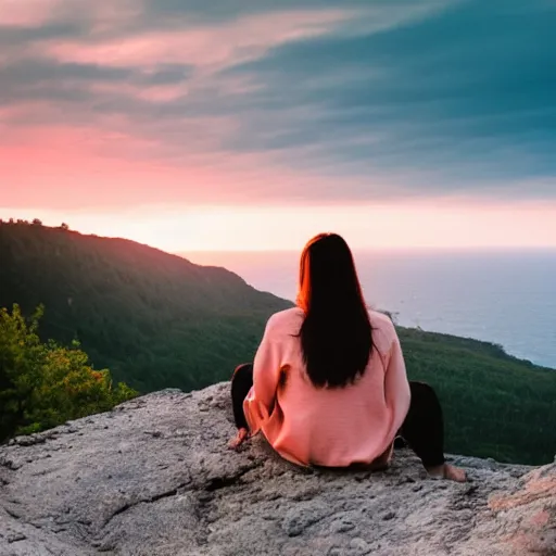 Image similar to a woman sitting on the edge of a cliff watching the sunset