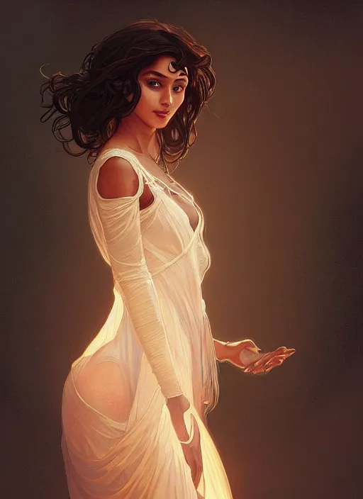 Image similar to cute brown woman wearing a transparent night gown, fantasy, intricate, highly detailed, digital painting, artstation, concept art, wallpaper, smooth, sharp focus, illustration, art by artgerm and greg rutkowski and alphonse mucha