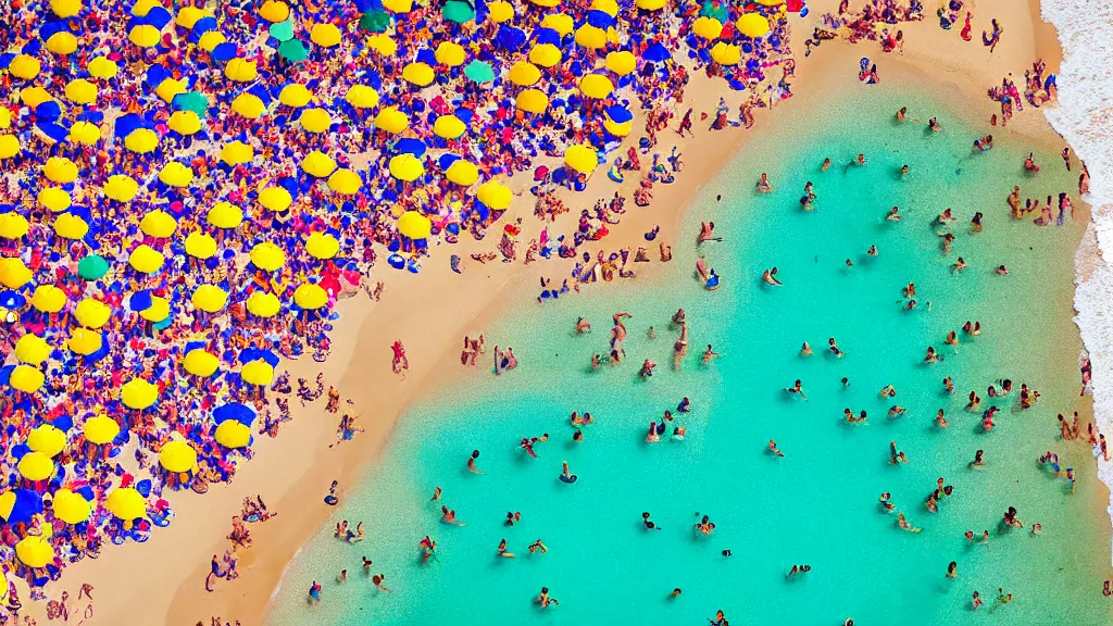 Image similar to photograph beachscapes satellite view imagery, Aerial view of beautiful sandy beach with hundreds of umbrellas and sea, Aerial of a crowded sandy beach with colourful 1970s umbrellas sun bathers and swimmers during summer, golden sand and clear blue sea, by Tommy Clarke and Joshua Jensen-Nagle