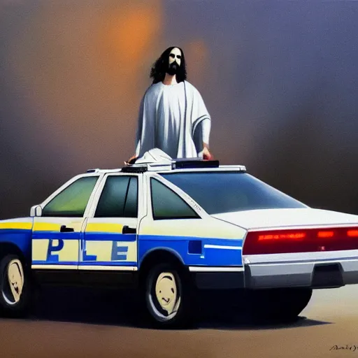 Image similar to hyperrealism painting of jesus christ standing on top of a police car in a police chase