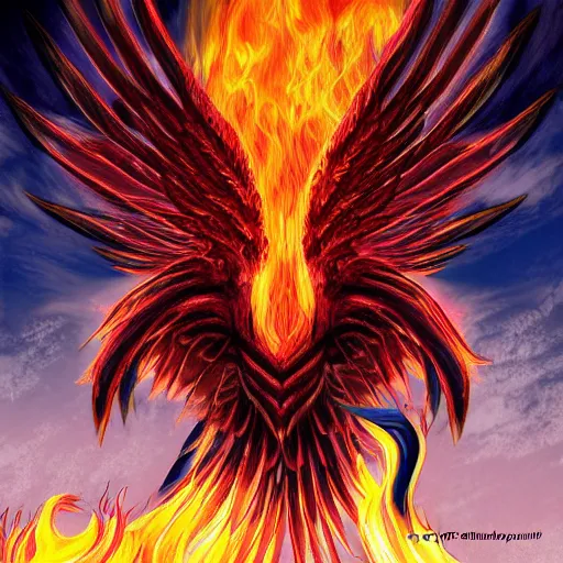 Prompt: realistic phoenix reincarnation in flames, detailed digital art