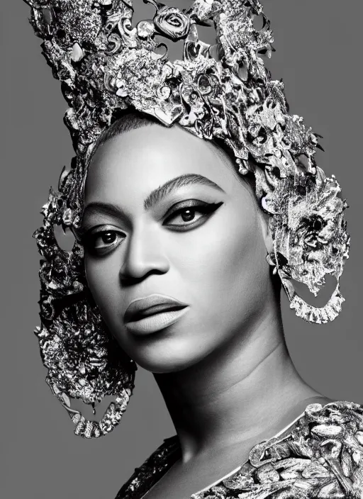 Prompt: photo of beyonce styled by nick knight posing, intricate headpiece, showstudio, face close up, vogue magazine, 2 0 2 0, canon, highly realistic. high resolution. highly detailed. dramatic. 8 k. 4 k. zeiss lens, canon eos, cinematic lighting, photography, film still