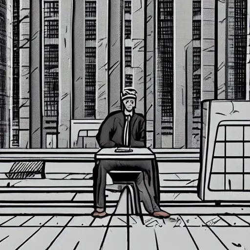 Image similar to lonely man sitting in a cubical in the middle of an empty city square in a dystopian future, depair, dystopian, by rutkowsky and tadao and zhang