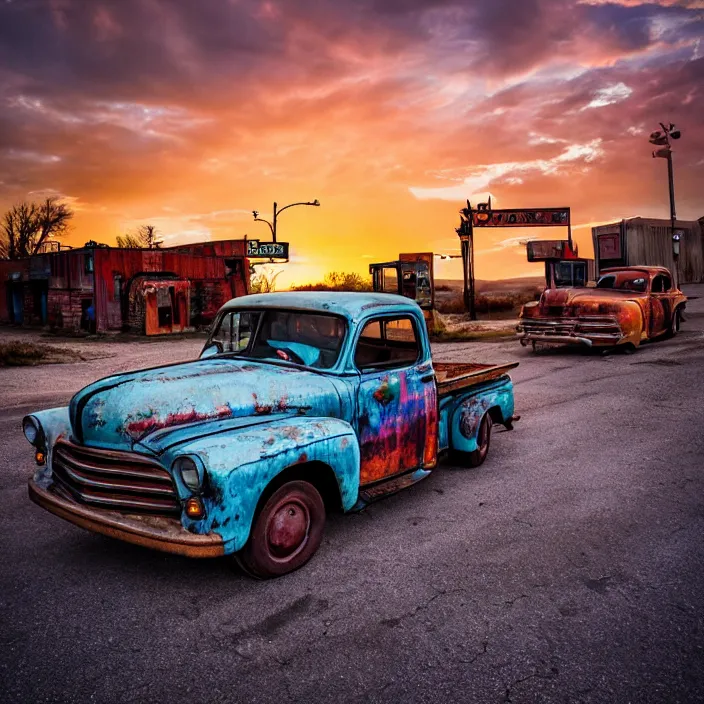 Image similar to a sunset light landscape with historical route 6 6, lots of sparkling details and sun ray ’ s, blinding backlight, smoke, volumetric lighting, colorful, octane, 3 5 mm, abandoned gas station, old rusty pickup - truck, beautiful epic colored reflections, very colorful heavenly, softlight