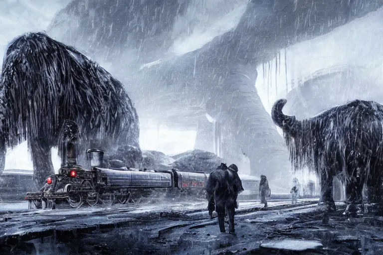 Image similar to a grand intricate futuristic black steam train next to a giant mammoth, post - apocalyptic ice landscape in snowstorm, concept art, artstation, highly detailed, digital art