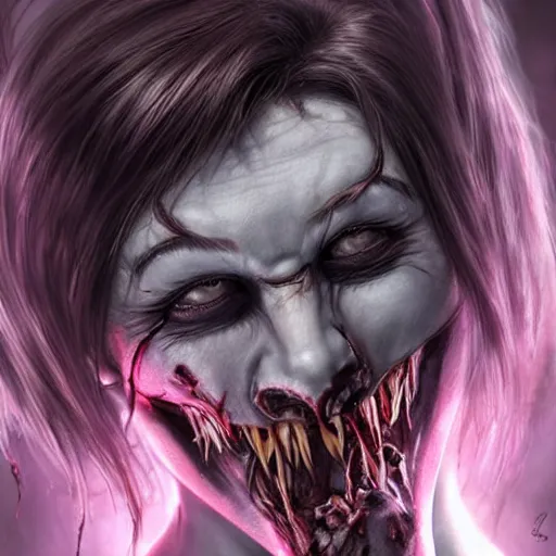 Image similar to Mileena with her gruesome mouth, realistic render by gammell + giger + artgerm