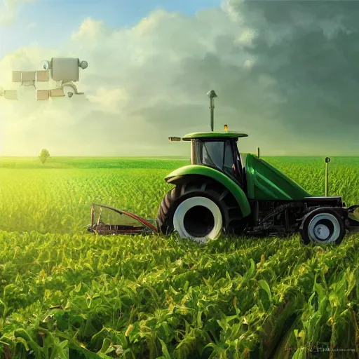 Prompt: huge green farming robot with agricultural tractor in the corn field, sphere shape, robots, humanoid, farming, highly detailed digital painting, artstation, concept art, smooth, sharp focus, illustration, art by artgerm and greg rutkowski, unreal engine