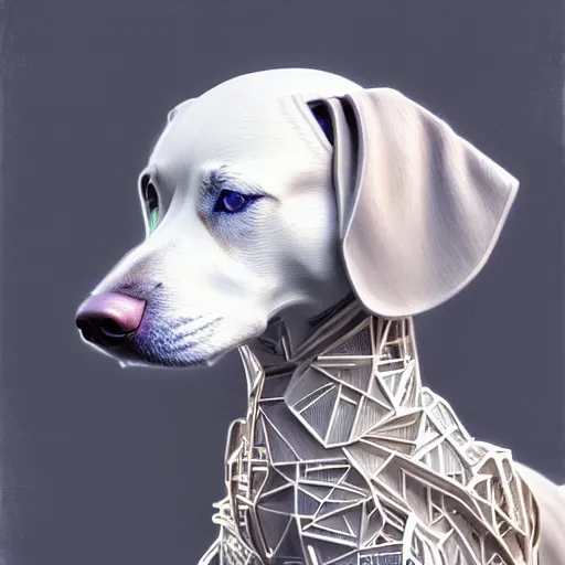 Image similar to organic cyborg dog, holographic white plastic and driftwood, fantasy, intricate, elegant, highly detailed, lifelike, photorealistic, digital painting, artstation, illustration, smooth, sharp focus, art by scott davidson, albert aublet, krenz cushart, artem demura, mucha