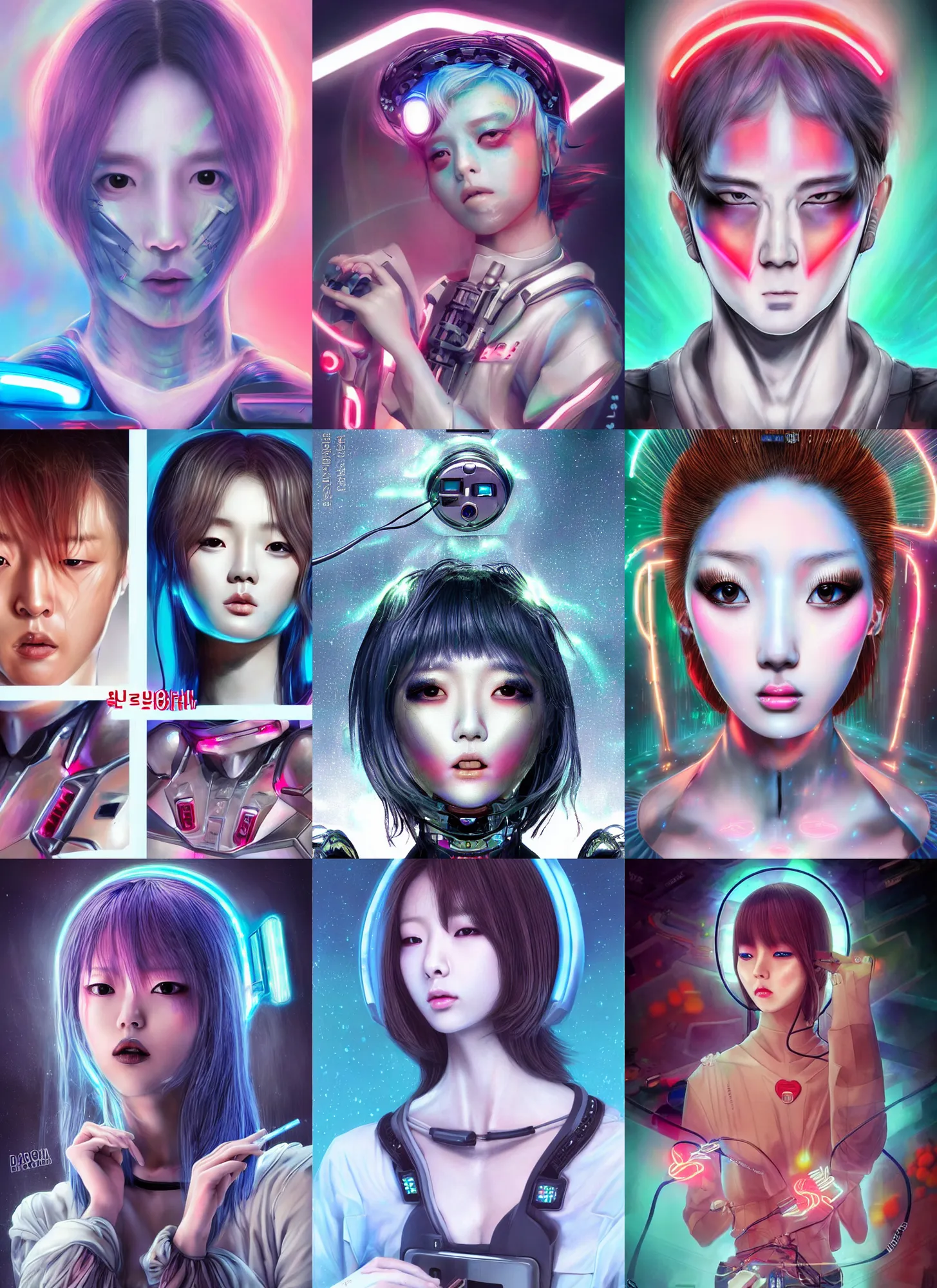 Prompt: korean roccoco anime android portrait with sci - fi makeup, chromatic skin, eighties look, retro, beautiful lights, charging plug in the chest, vintage look, depth of field, soft focus, 3 d, hyper realistic, illustration, airbrush, 8 k, intricate, duo tone, art by david la chapelle and philip castle, artgerm