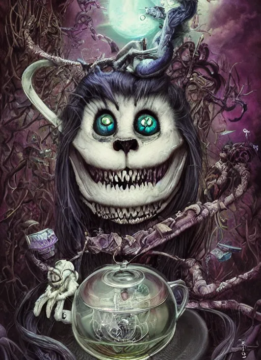 Image similar to Happy Cheshire Cat brewing tea, Death Tarot card,highly detailed,half skull face,cinematic,8k,by Stanley Artgermm,Tom Bagshaw,Greg Rutkowski,Carne Griffiths, Ayami Kojima, Beksinski, Giger,trending on DeviantArt,hyper detailed,horror, full of colour