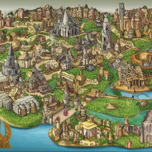 Image similar to map of a fantasy city with a castle, a tempme and a market. very detailed.