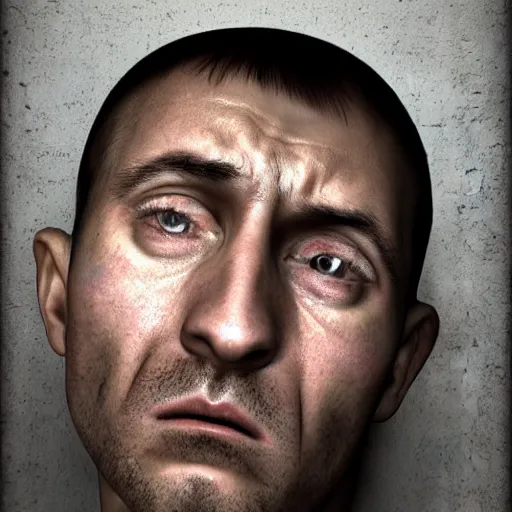 Prompt: sad prisoner holding ipad, prison cell, photorealistic, frustrated expression, dark, hopeless, gloomy