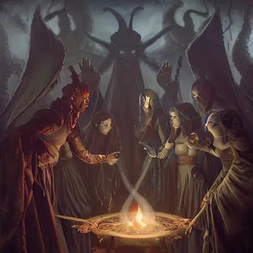 Prompt: female acolytes around demonic summoning circle summoning a demon knight. incredible detail. by tom bagshaw and by magali villeneuve and by wlop