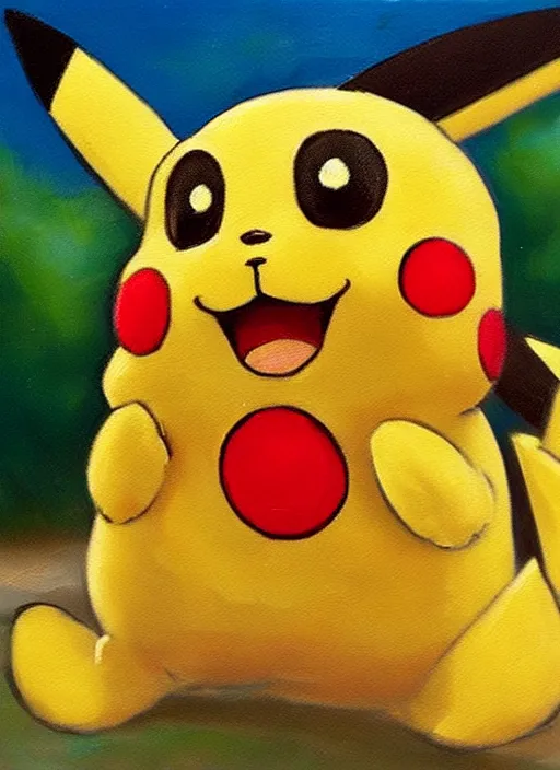 Prompt: a professional oil painting of pokemon pikachu smiling