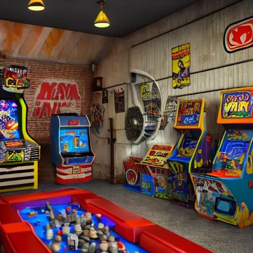 Prompt: large Mancave full of 80s toys games arcade games and wall posters Stuffy atmosphere, shadows, vintage, highly detailed, abandoned, octane render, photorealistic, DOF, beautify , micro detailing, blender, --width 1024 8k