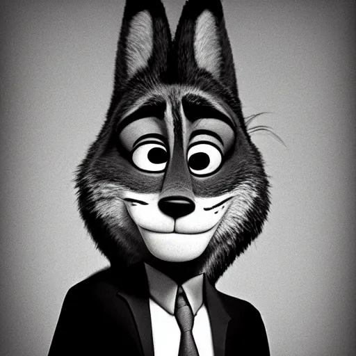 Prompt: Gritty black and white mugshot of Nick from Zootopia