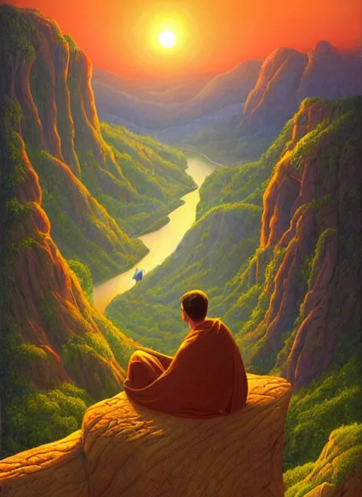 Prompt: an shaman sitting at the top of a cliff, looking down at the valley, doing a vision quest, beautiful sunset, art by vladimir kush