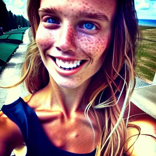 Image similar to a trending photo of over a million views from a female fashion model's instagram account, summer, freckles, smile, green eyes, natural, easygoing, healthy