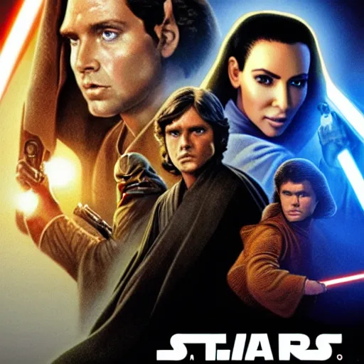Prompt: super detailed star wars movie poster with Jesus Christ and kim kardashian, 8k full HD photo, cinematic lighting, anatomically correct, oscar award winning, action filled, correct eye placement,