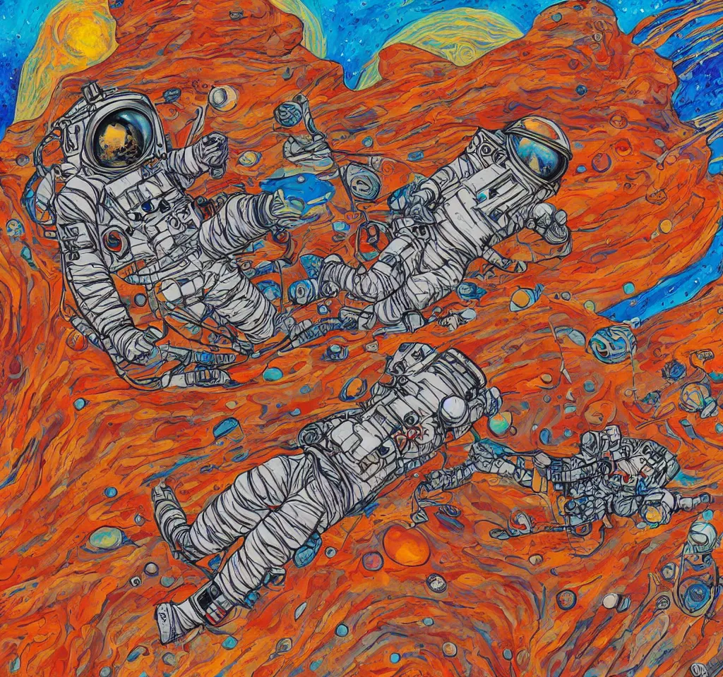 Image similar to astronaut laying on mars, hand painted, detailed, acrylic, trippy, dmt, psychedelic, abstract, shrooms, acid, astral, realistic,