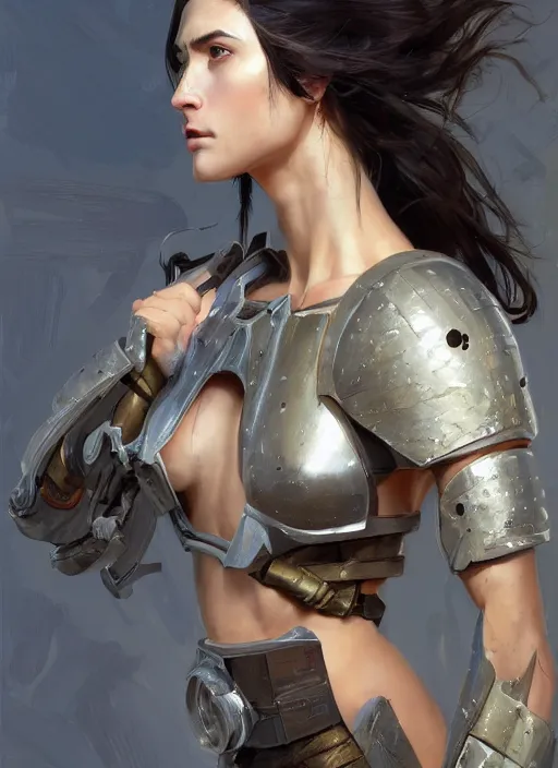 Prompt: a professional painting of a beautiful young female, partially clothed in battle armor, olive skin, long dark hair, beautiful bone structure, symmetrical facial features, intricate, elegant, digital painting, concept art, smooth, sharp focus, illustration, from Metal Gear, by Ruan Jia and Mandy Jurgens and Greg Rutkowski and Artgerm and William-Adolphe Bouguerea