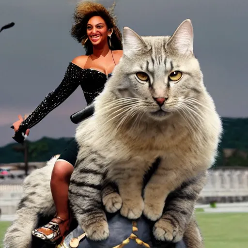 Image similar to beyonce riding on a giant cat,