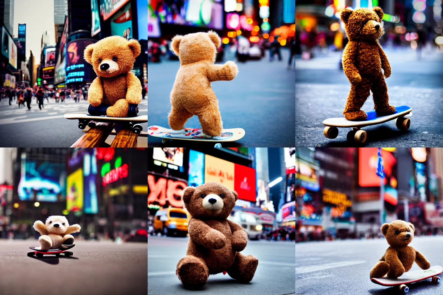 Prompt: photo of a teddy bear on a skateboard in times square, tilt-shift