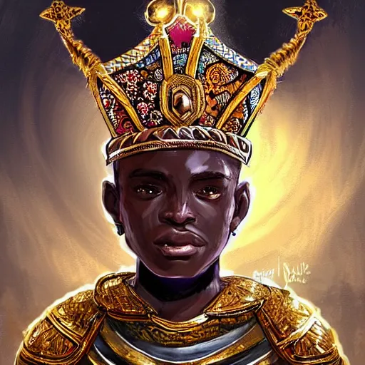 Image similar to a young black boy dressed like an african moorish warrior in gold armor and a crown with a ruby, and a very ornate glowing scimtar, for honor character digital illustration portrait design, by android jones in a psychedelic fantasy style, dramatic lighting, hero pose, wide angle dynamic portrait