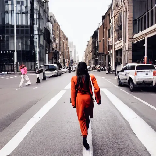 Prompt: photo of a woman walking in the middle of the city