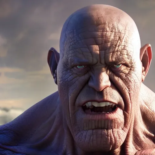 Image similar to Jonathan Banks as Thanos, HD promotional screenshot from new Avengers film, 8k ultra realistic, Marvel animation