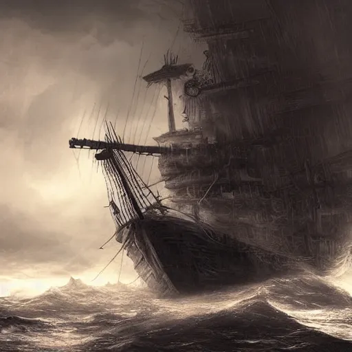Image similar to ghostly pirate ship sailing on a raging sea, concept art, highly detailed, ultra realistic, intricate, dark colour, tense atmosphere, night sky, shining sea, wrecked ship
