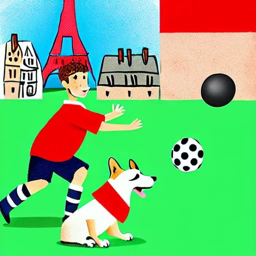 Image similar to illustration of french boy in paris playing football against a corgi who is wearing a polka dot scarf