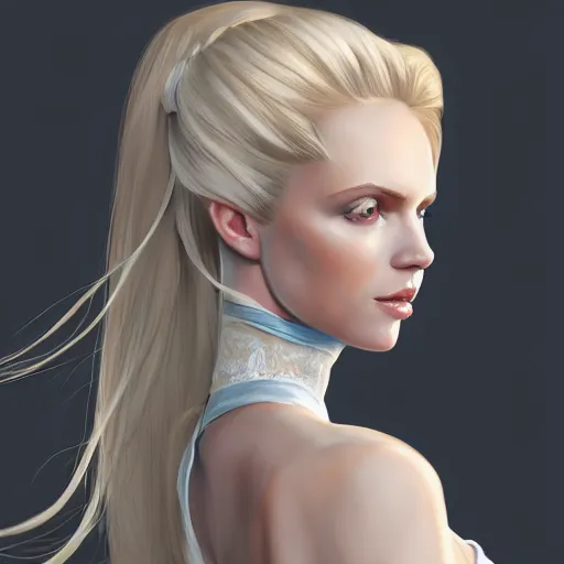 Prompt: portrait of a woman, long blonde hair, blue eyes, white dress, elegant, highly detailed, artstation, concept art, professional illustration,