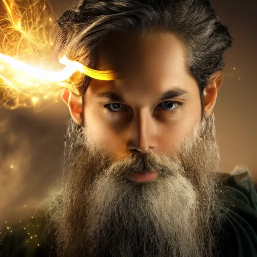 Image similar to a male wizard, glowing, frontal view, cool looking, high resolution