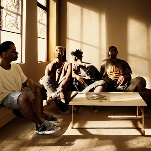 Prompt: gang members chilling around dirty couch in a beige room smoking thick volumetric dust god rays shines through the blinds kinda atmosphere jonathan zawada style photography