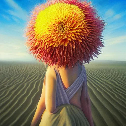 Image similar to closeup large dahlia flower under head, a girl walking between dunes, surreal photography, sunrise, blue sky, dramatic light, impressionist painting, digital painting, artstation, simon stalenhag