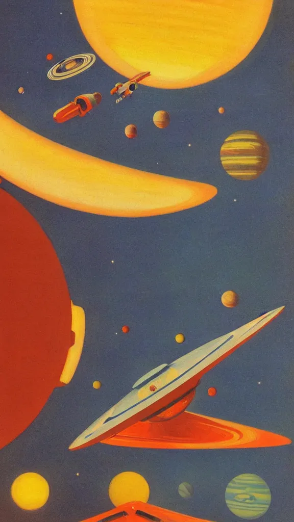 Prompt: a spaceship flying through a solar system, 1950s art deco, retrofuturism, edward hopper