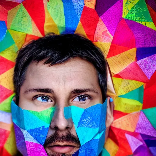 Prompt: the face of a man, layered colorful paper, top down photography, ambient light