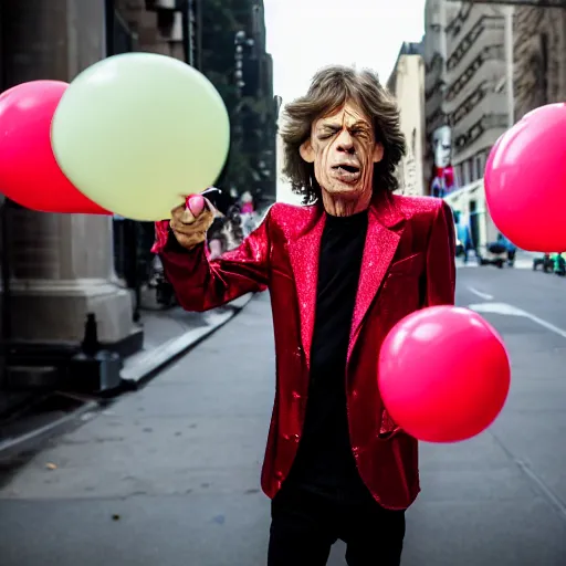 Prompt: Mick Jagger blowing a balloon XF IQ4, f/1.4, ISO 200, 1/160s, 8K, RAW, unedited, symmetrical balance, in-frame