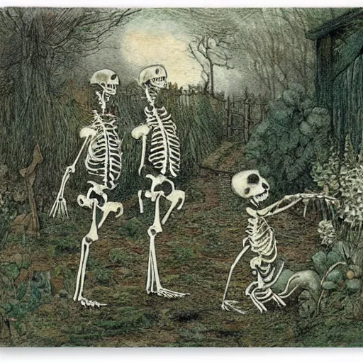 Prompt: garden skeleton by Beatrix Potter