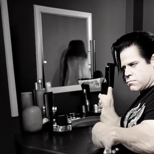 Image similar to glenn danzig sitting in front of a vanity curling his hair, high resolution,
