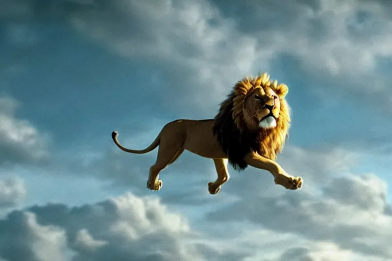 Prompt: cinematic shot of a lion flying in the sky, Steven King movie adaptation