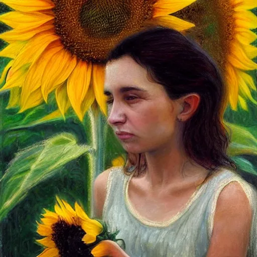 Prompt: a girl smelling one of sunflowers in an amazing tall sunflower field, hair flowing, fog, early morning lightning, subtle, intricate details, real masterpiece, oil on canvas, by franz kafka